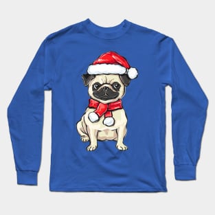 Funny Christmas pug dog in Santa hat Long Sleeve T-Shirt